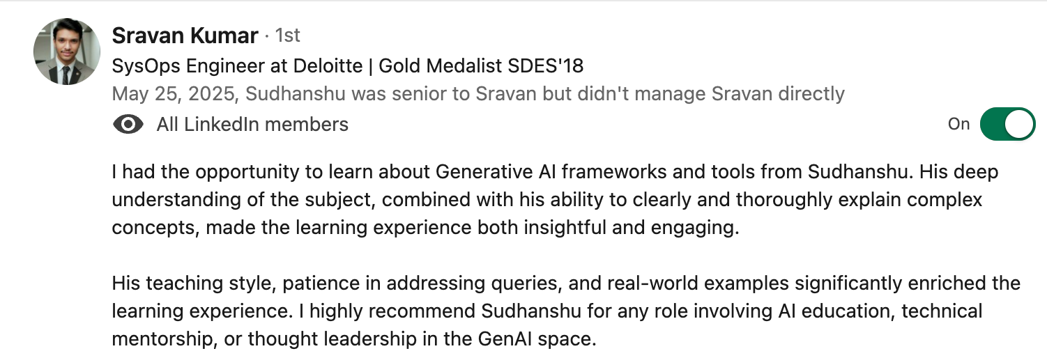 Client testimonial screenshot 1 for Sudhanshu Saxena Generative AI training