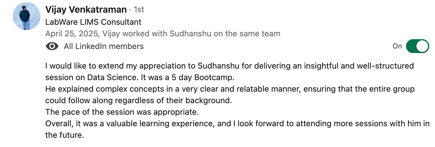 Client testimonial screenshot 2 for Sudhanshu Saxena Generative AI training