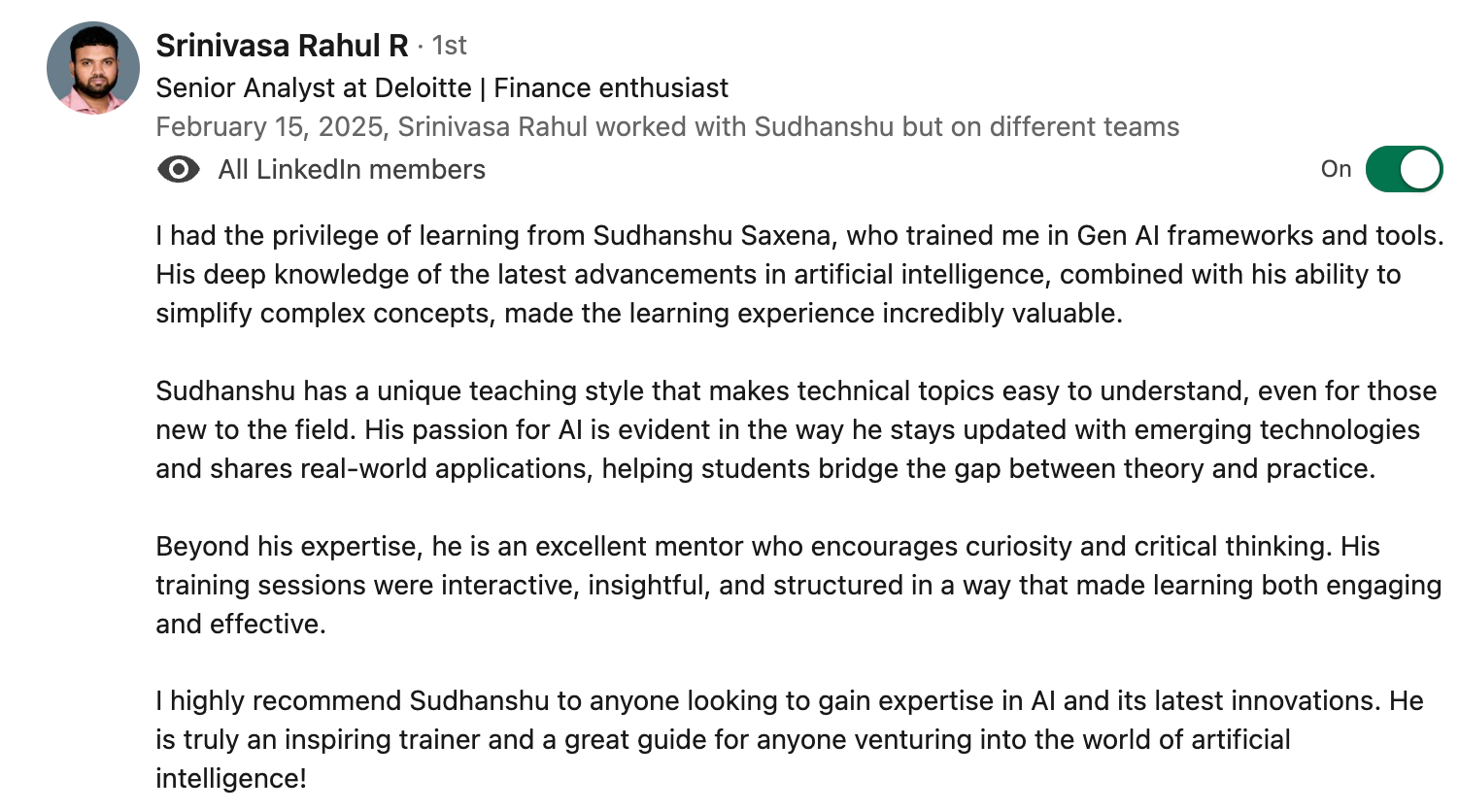 Client testimonial screenshot 3 for Sudhanshu Saxena Generative AI training