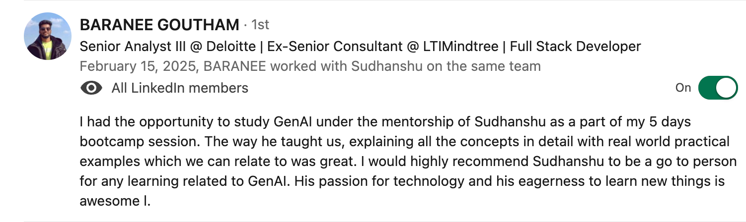 Client testimonial screenshot 4 for Sudhanshu Saxena Generative AI training