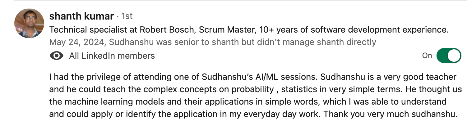 Client testimonial screenshot 5 for Sudhanshu Saxena Generative AI training