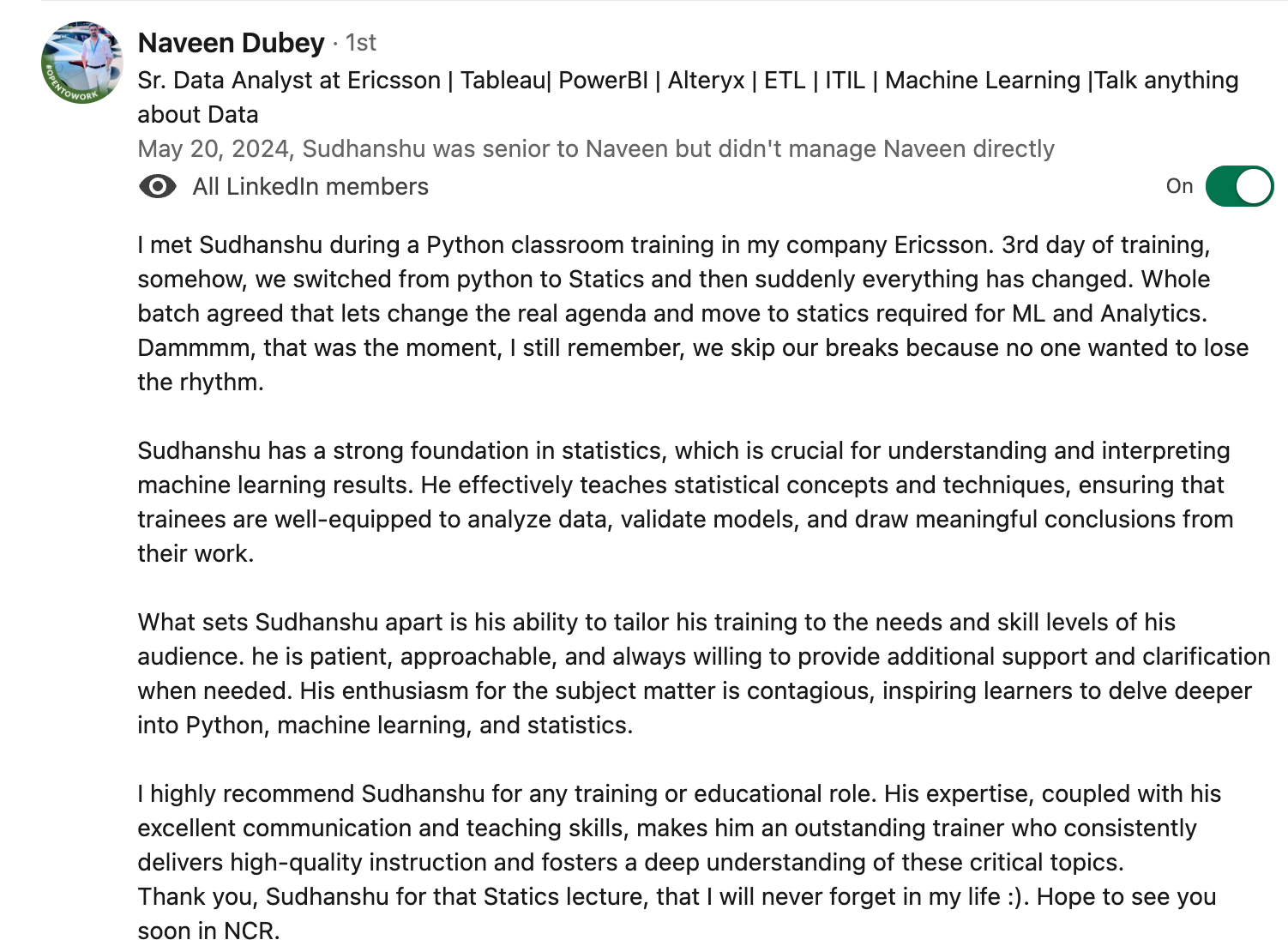 Client testimonial screenshot 6 for Sudhanshu Saxena Generative AI training