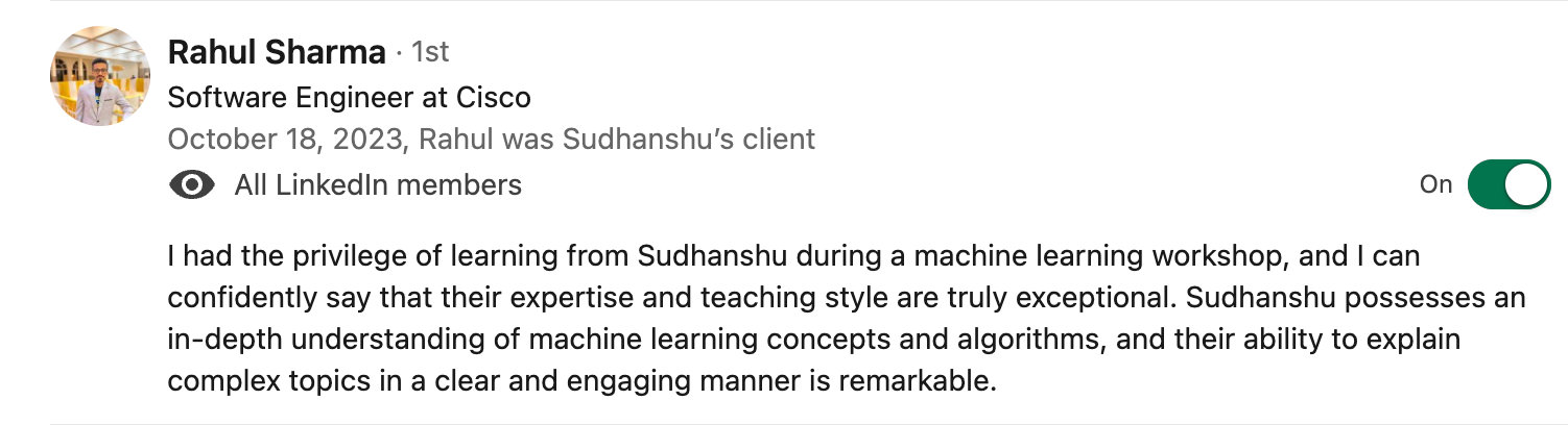 Client testimonial screenshot 7 for Sudhanshu Saxena Generative AI training
