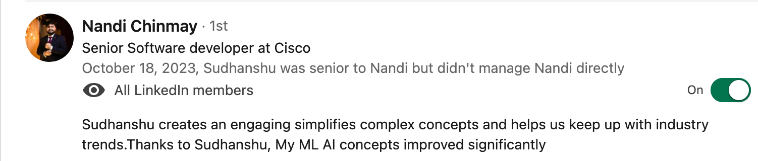 Client testimonial screenshot 8 for Sudhanshu Saxena Generative AI training