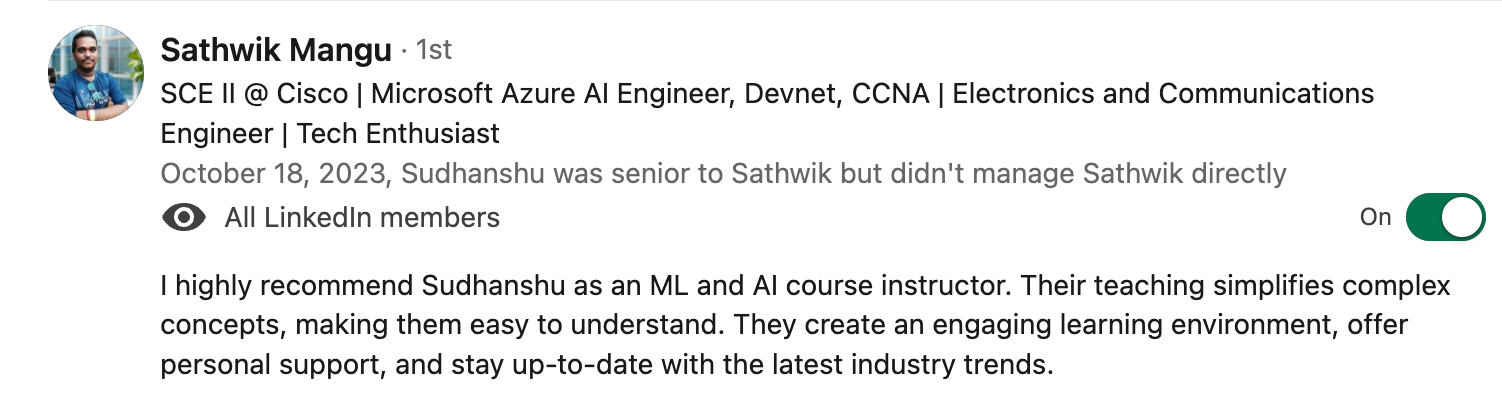 Client testimonial screenshot 9 for Sudhanshu Saxena Generative AI training