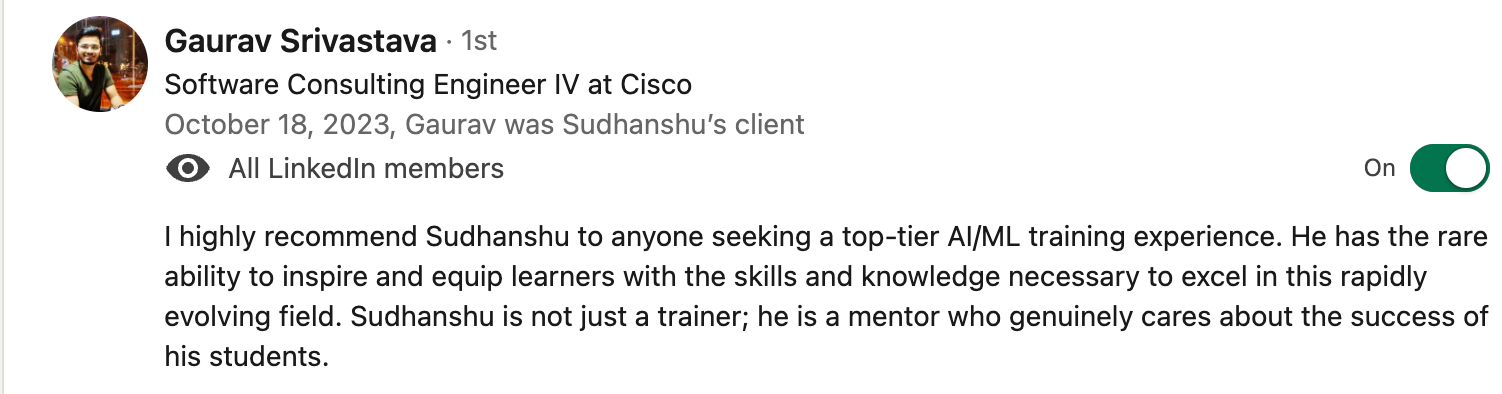 Client testimonial screenshot 10 for Sudhanshu Saxena Generative AI training
