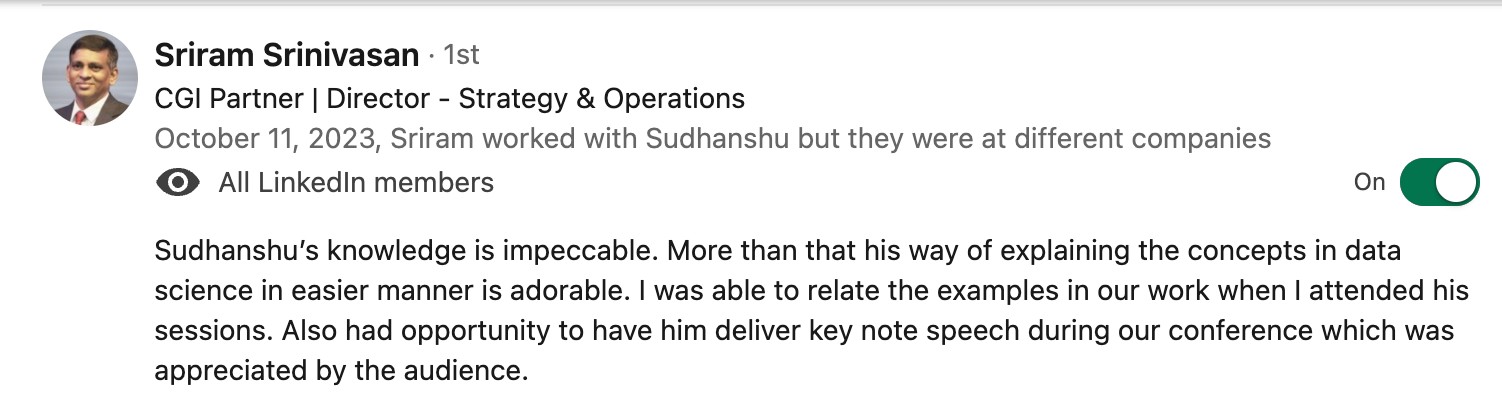 Client testimonial screenshot 11 for Sudhanshu Saxena Generative AI training