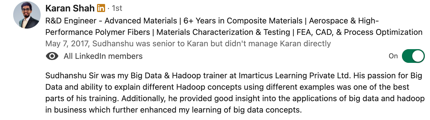 Client testimonial screenshot 12 for Sudhanshu Saxena Generative AI training